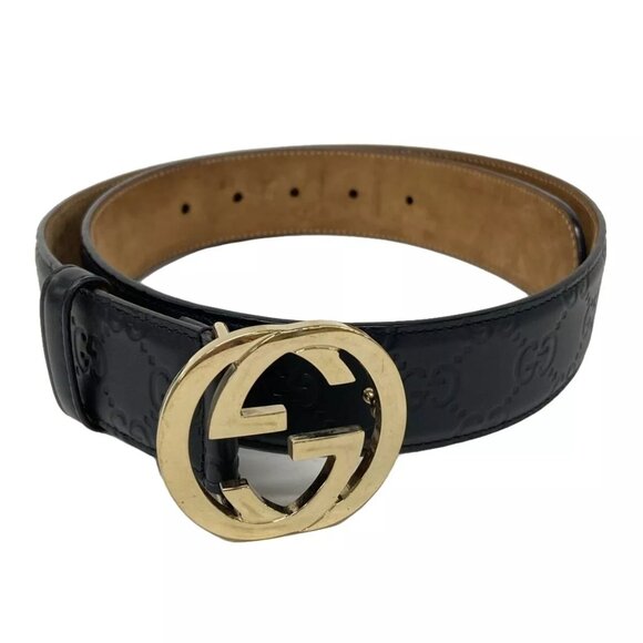 Auth GUCCI Interlocking G/Ssima Line Black Gold Leather Hardware Belt 283-121524 - Picture 1 of 7